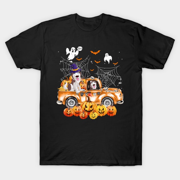 Husky Dog On Pumpkins Truck Autumn Halloween T-Shirt by JaydeMargulies